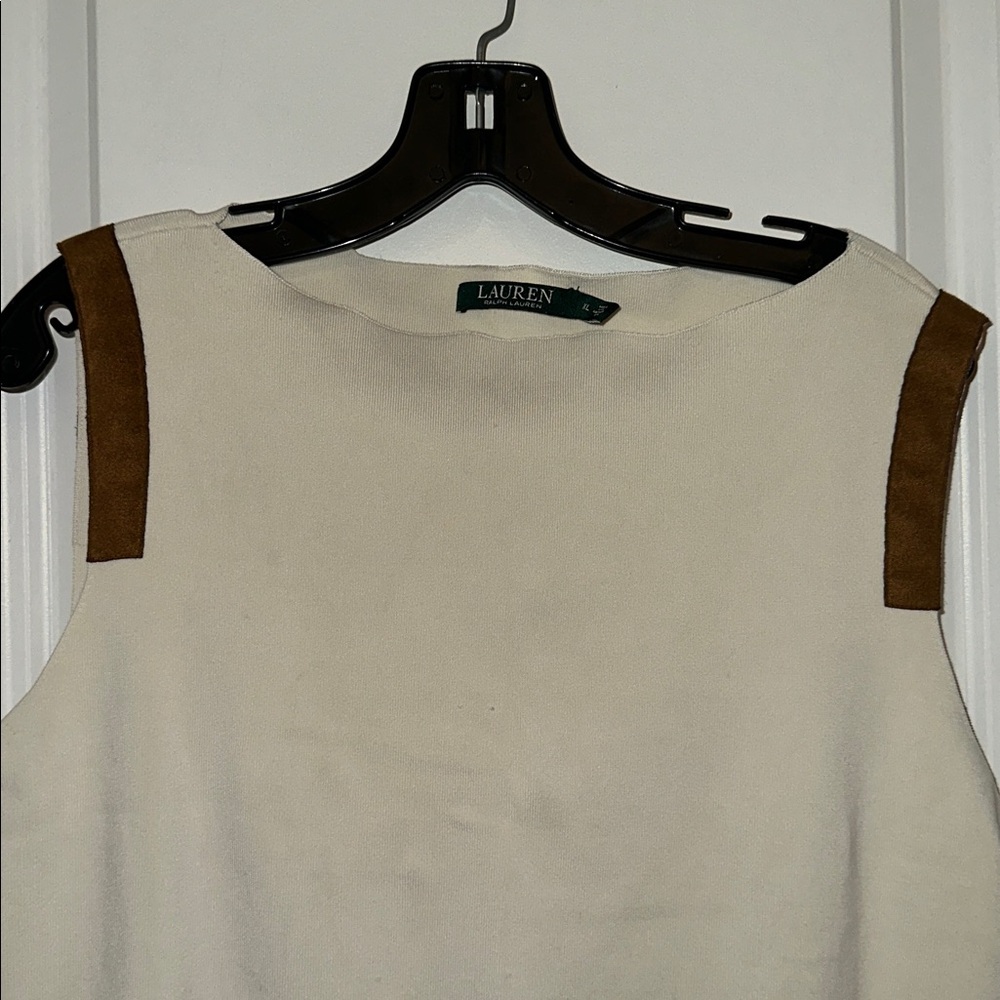 Lauren Ralph Lauren Cream Sleeveless Shell with Brown Shoulder Trim - Picture 3 of 6